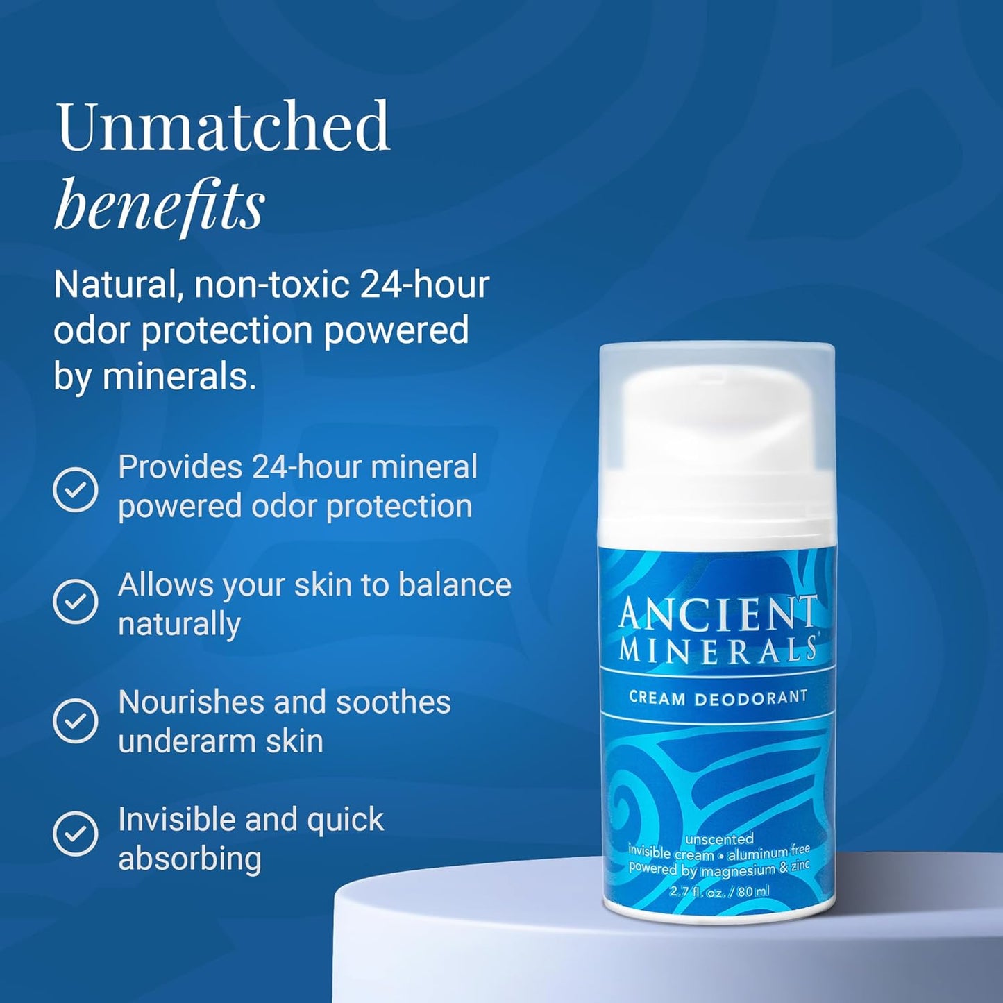 Ancient Minerals Natural Deodorant Cream – Unscented, Aluminum-Free with Magnesium, Zinc & Vitamin E for Women and Men, Vegan Formula for Sensitive Skin, 24-Hour Odor Protection, 2 oz