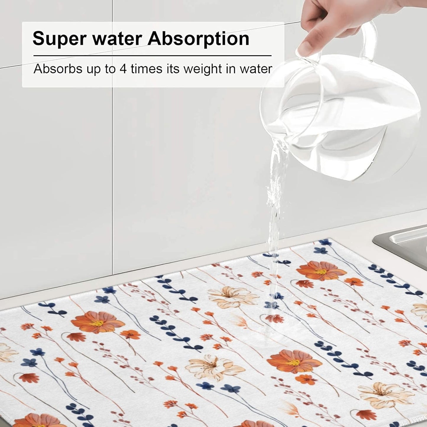 Orange Flower Decorative Dish Drying Mat for Kitchen Counter Watercolor Orange Floral Drying Pad 18x24 Inch Modern Absorbent Reversible Dish Drainer Rack Mats