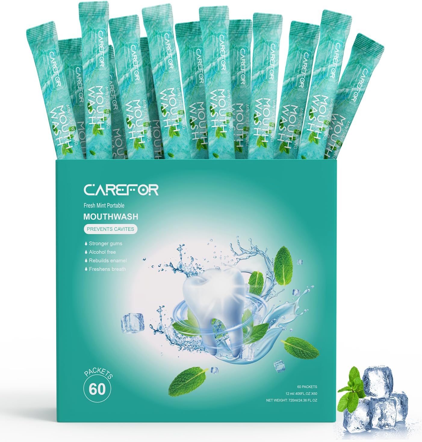 Mouthwash Travel Size Portable 60 Individual Disposable Packets to Go, Alcohol & Fluoride Free Fresh Mint Mouthwash Strips for Superior Oral Hygiene (Pack of 60)