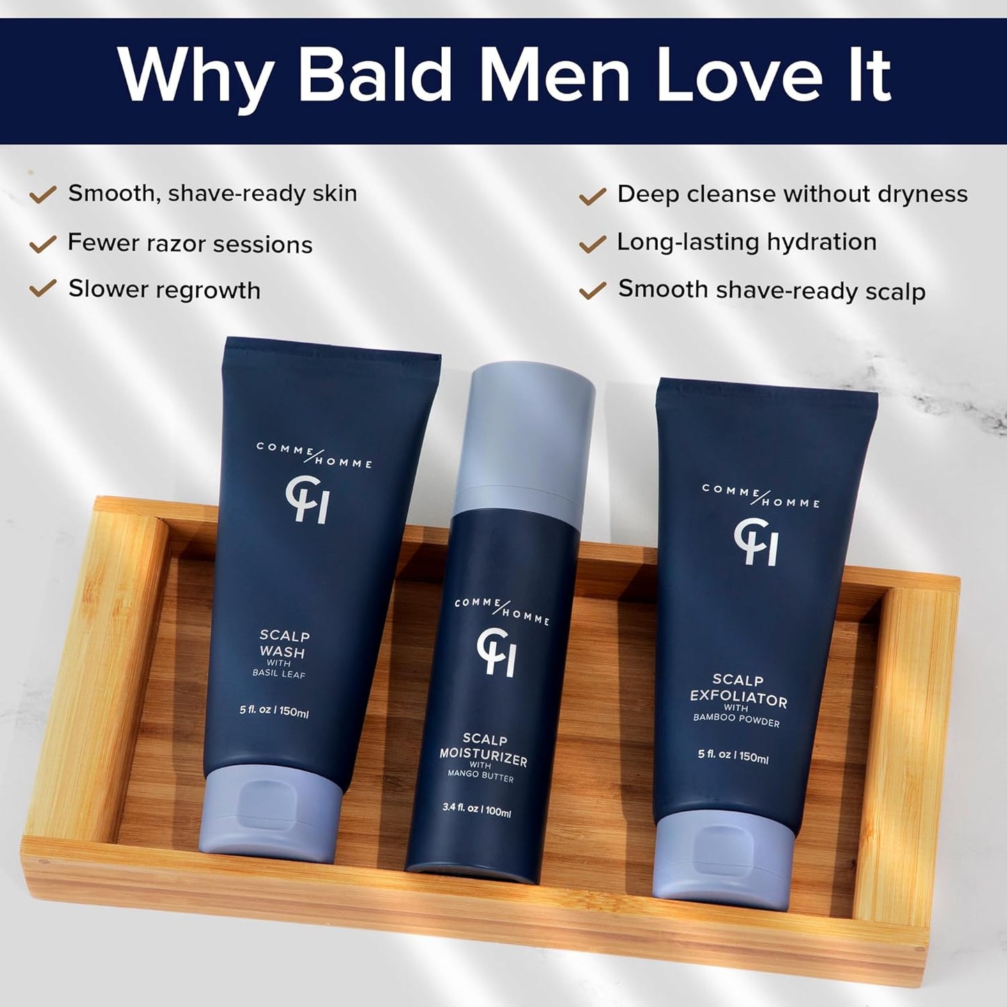 Comme Homme Ultimate Scalp Care Bundle for Bald Men | 3-Step Routine with Scalp Wash, Exfoliator & Moisturizer | Deep Cleanse, 24-Hour Moisture & Skin Protection | Free Toiletry Bag Included