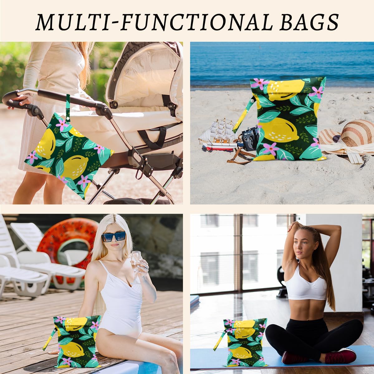 Lemon Wet Bags 12x10 Inch, Summer Flowers Waterproof Travel Laundry Bags, Washable Reusable Wet Dry Bag for Swimsuit Pool Beach Diapers Dirty Yoga Gym Clothes, Lemon Gifts for Women Friend Travelers