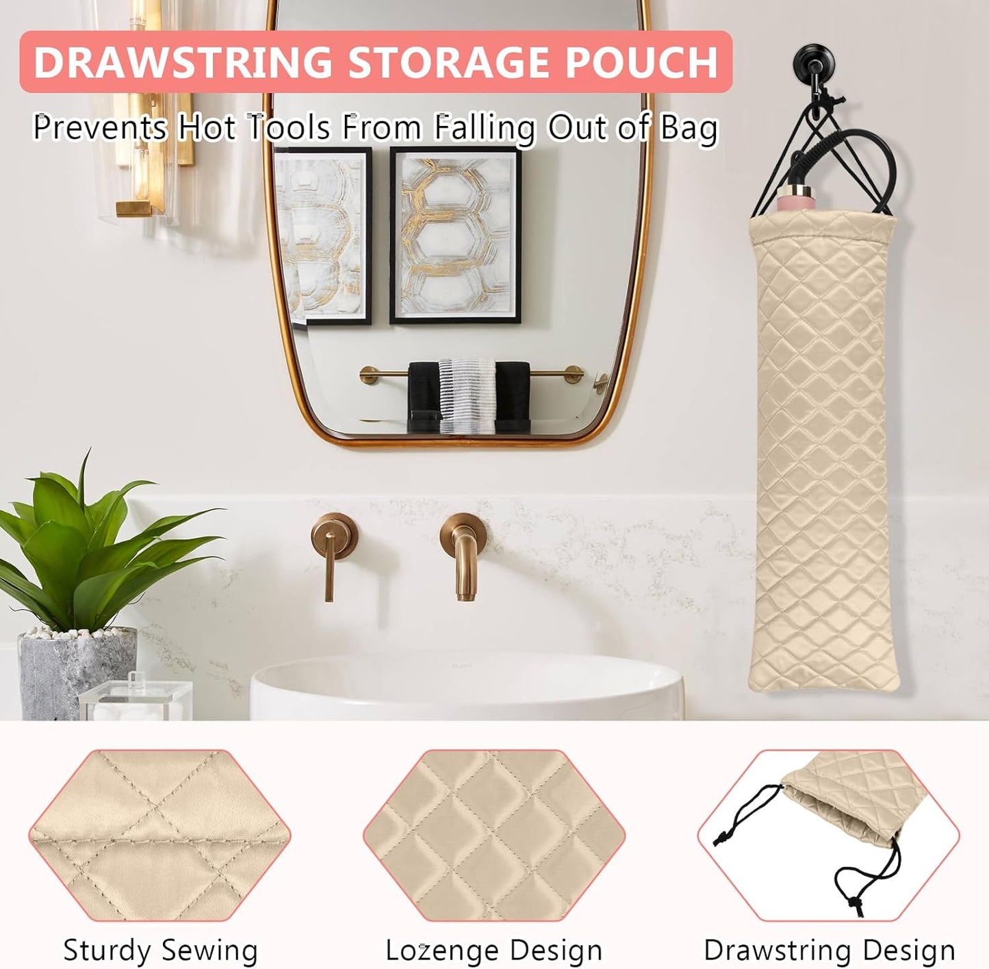 AMIJEAL Heat Resistant Hair Tools Organizer Bag Portable Travel Drawstring Storage Cover Pouch for Hair Straightening Irons, Curling Irons, Flat Irons and Hot Styling Tools(16" x 4.3")