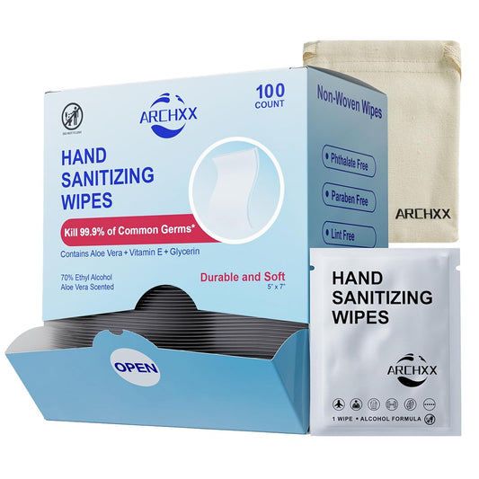 Premium Hand Sanitizing Wipes, 100 Count Non-Woven Wet Wipes Travel Size, Aloe Vera Scent, 70% Alcohol, Individually Wrapped, for Home, Office & Outdoor, Drawstring Bag Included