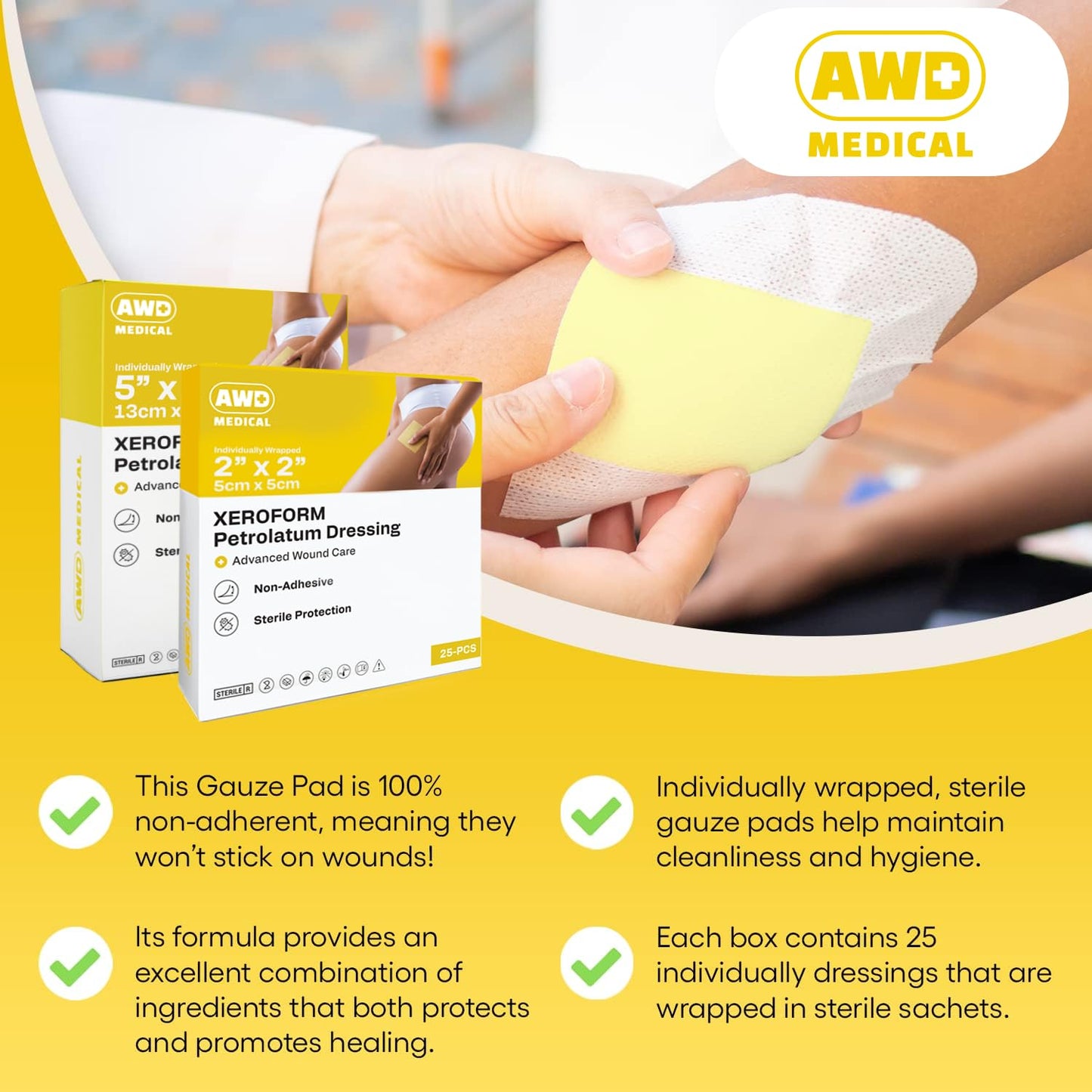 AWD Medical Xeroform Petrolatum Dressing - Non-Adhering Gauze Pad - Fine Mesh Gauze Patch Sterile - Healthcare Supplies for Wound Care, Burns, Lacerations, & Skin Grafts Aide (Box of 25) (2"x2")