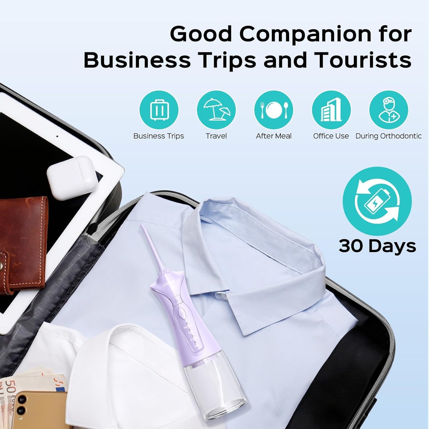 COSLUS Water Dental Flosser Pick for Teeth: 4 Modes Cordless 300ML Larger Tank Portable Water Teeth Cleaner Picks IPX7 Waterproof Flossing Machine for Home Travel Purple C30(FC5360)