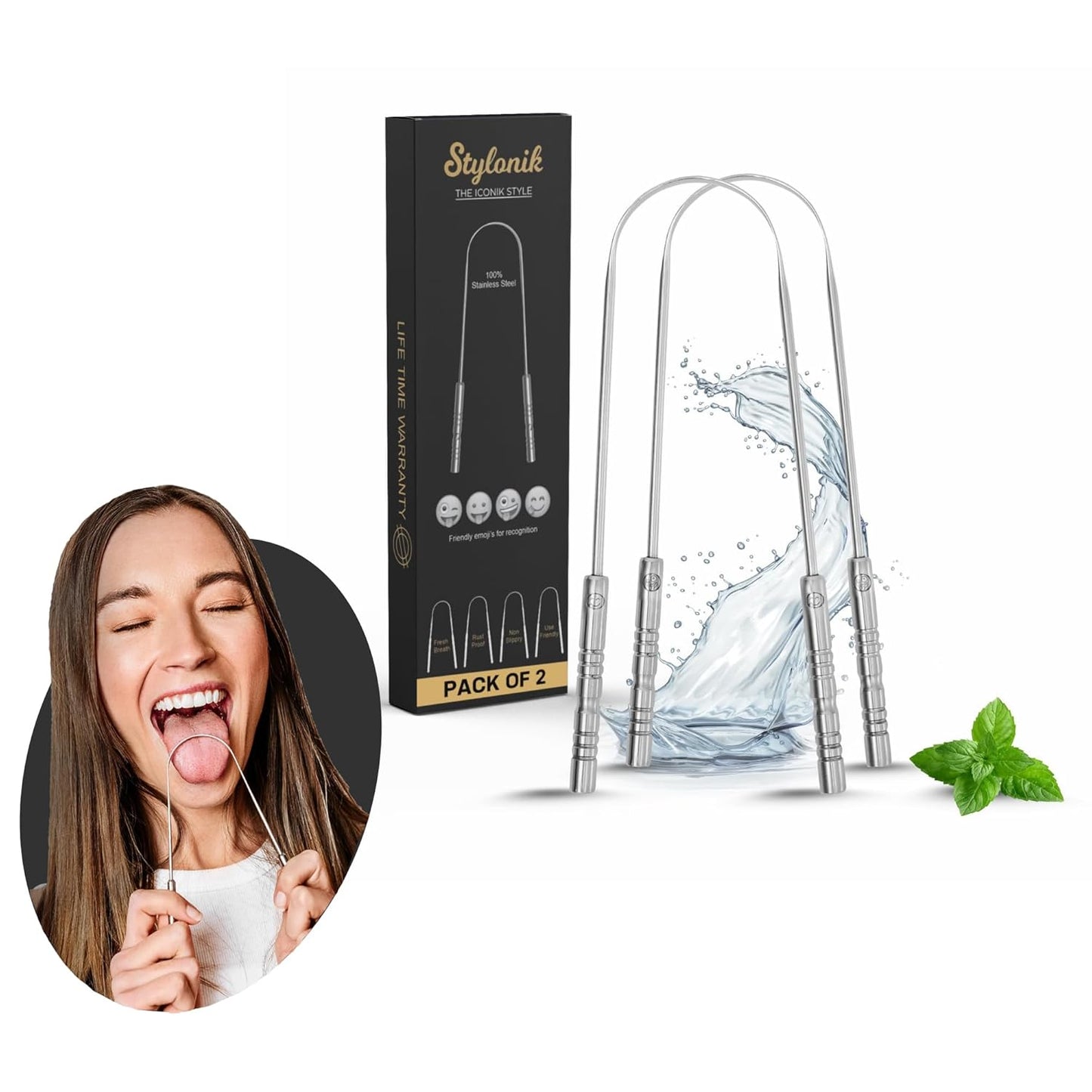 Tongue Scraper for Adults, Metal Tongue Scraper for Good, Fresh Breath & Oral hygiene essentials-100% Stainless Steel U shaped Tongue Cleaner with Friendly Emoji Recognition (Pack of 2)