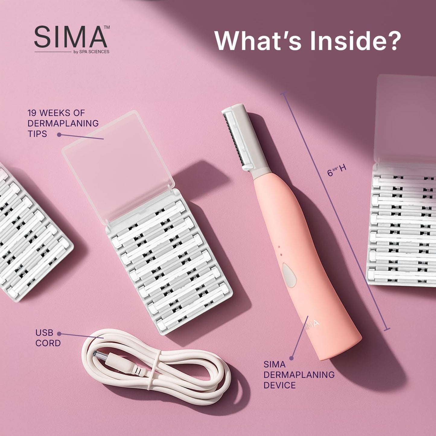 SPA SCIENCES - SIMA Patented Dermaplane Razor for Women Face – Painless 2-in-1 Facial Exfoliation & Peach Fuzz Hair Removal – Anti-Aging – 3 Speeds – Rechargeable – 19 Weeks Treatment