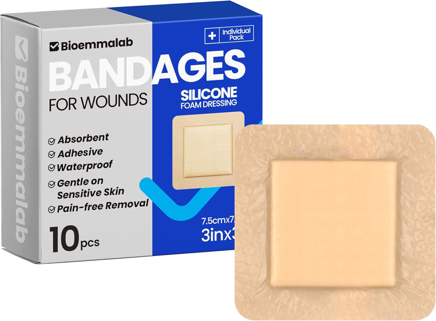 Large Waterproof Bandages 3"x3" Silicone Foam Dressing for Sensitive Skin Wound Care, Adhesive Cohesive Pad with Border for First Aid, 10 PCS, Post Surgical and Trauma Care, Sore, Burn, Pressure