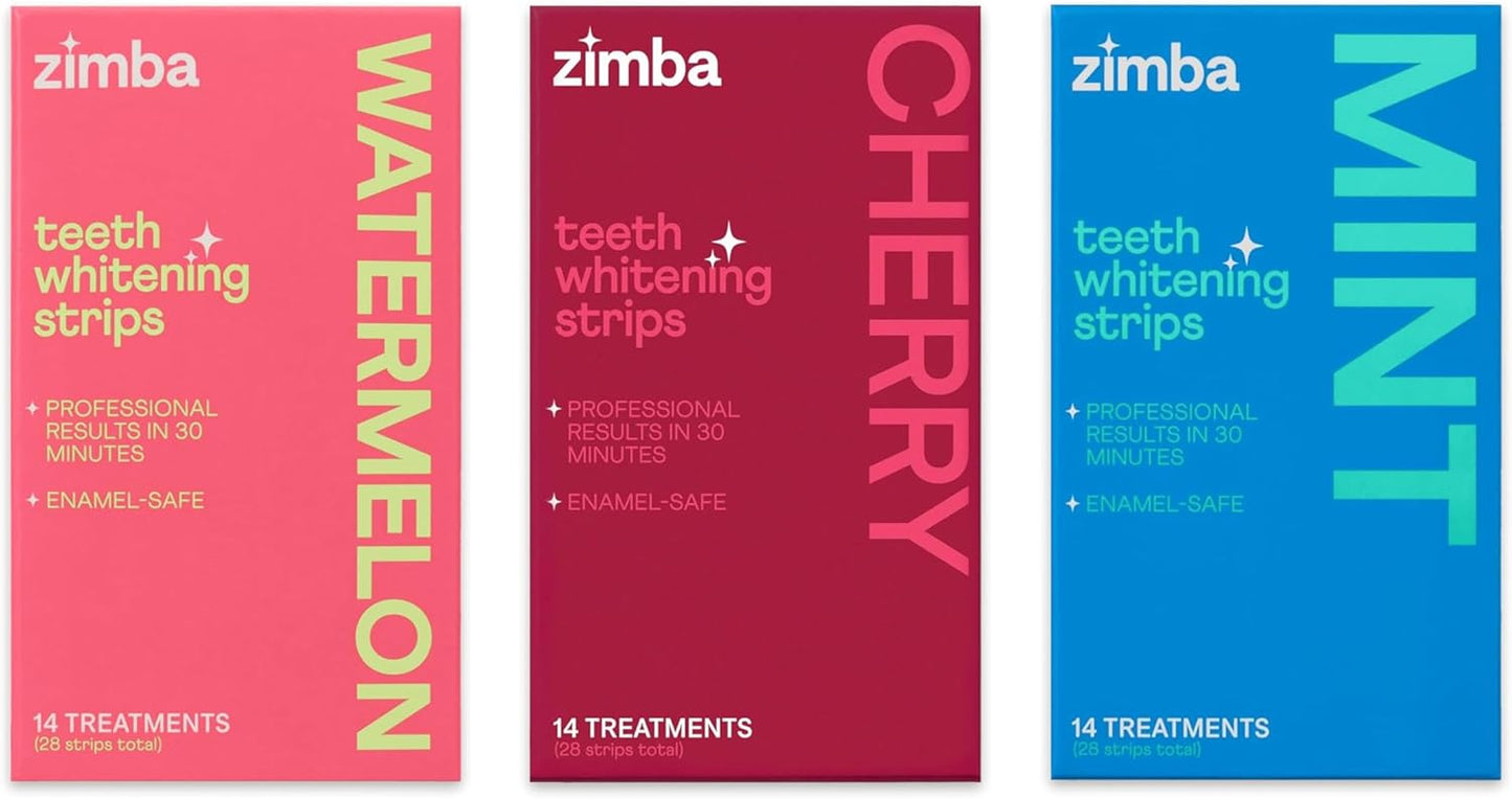 Zimba Teeth Whitening Strips 3-Pack Sampler Bundle | Watermelon, Cherry, Mint | Vegan Whitening Strips, Enamel Safe Teeth Whitening, Hydrogen Peroxide Tooth Whiteners