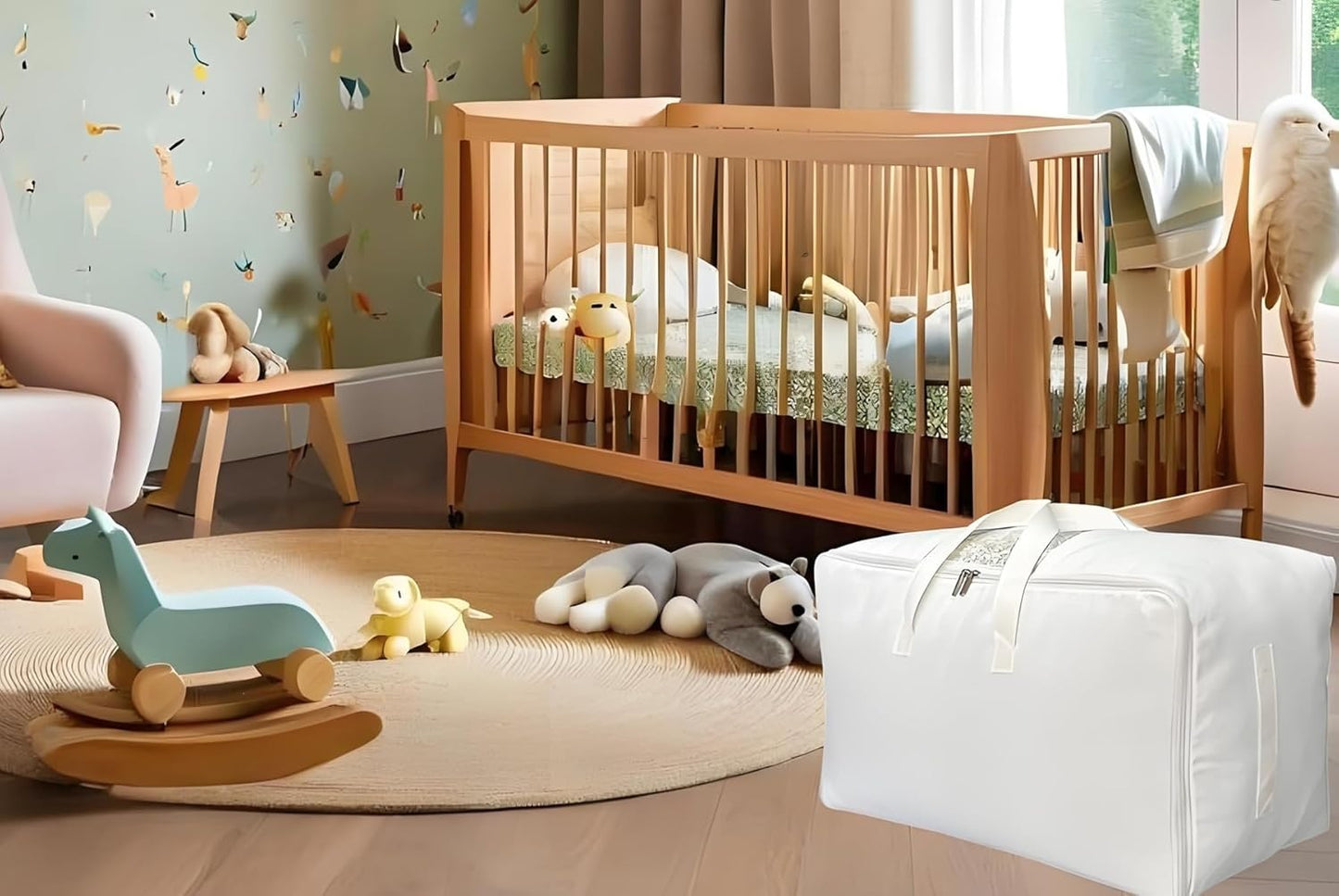 Soft Canvas Storage Bag with Zipper and Clear Window, Cotton Linen Organizer Storage for Pillow, Sweater, and Bedding, 55L, 4 Pack, Beige