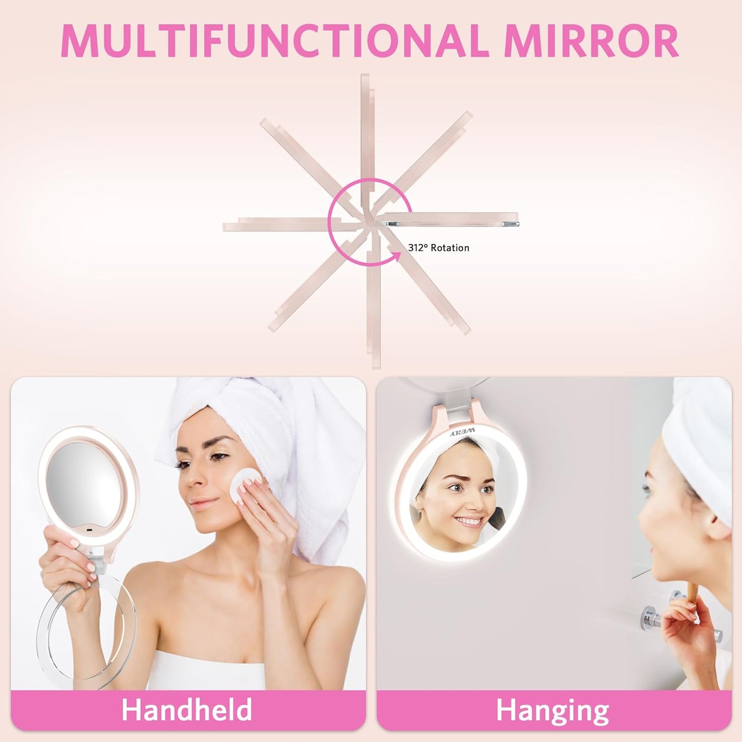 WEILY Magnifying Mirror with Light, 10X/1X Magnification Double-Sided Travel Makeup Mirror, with 3 Color Lights, Touch Control, Rechargeable Portable Mirrors for Bedroom, Bathroom (Pink)