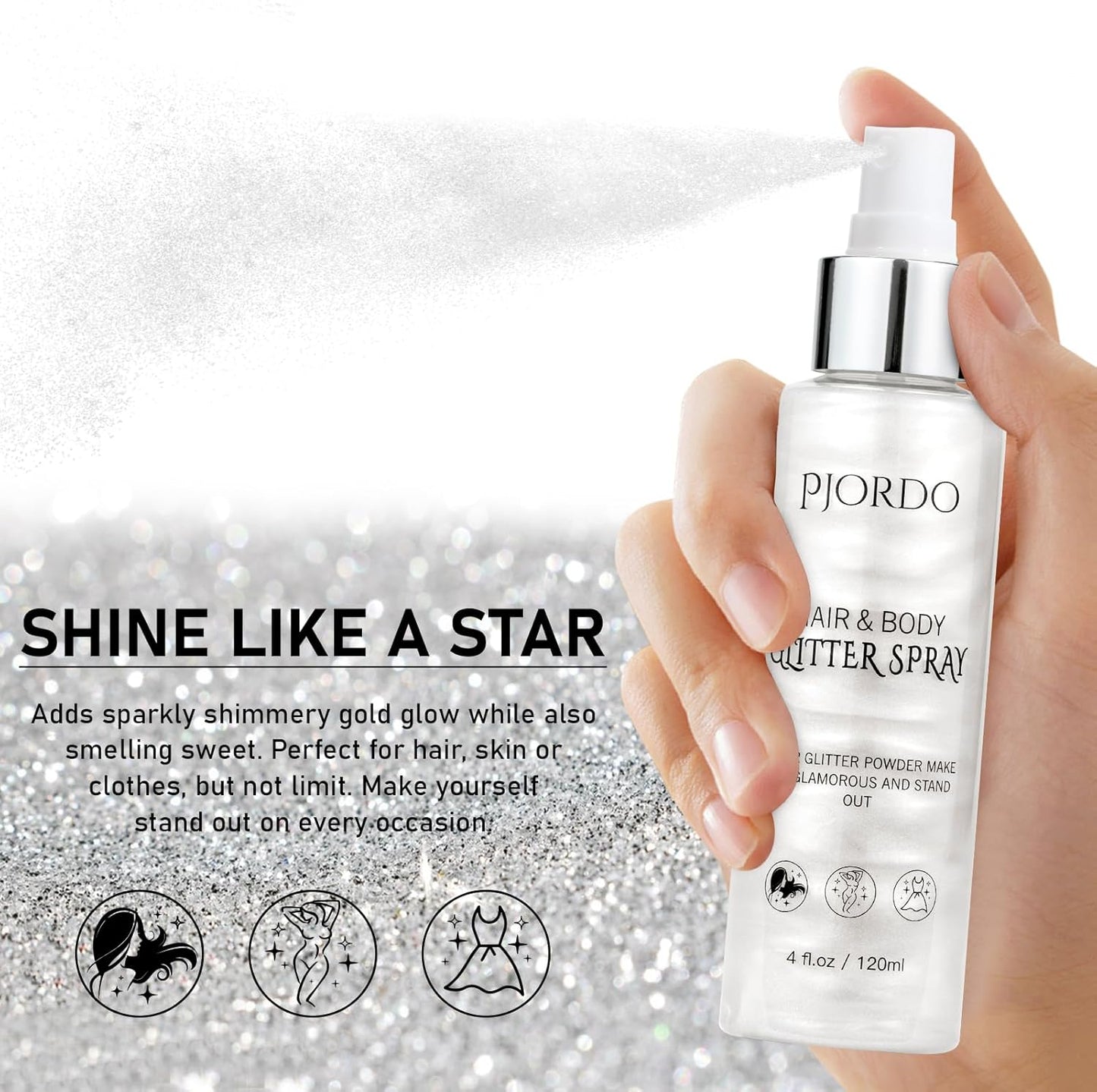Body Glitter Spray, Silver Glitter Spray for Hair Body and Clothes, Shimmer Spray, Glitter Spray Highlighter Makeup for Festival Rave Stage Concert Party 4FL.OZ