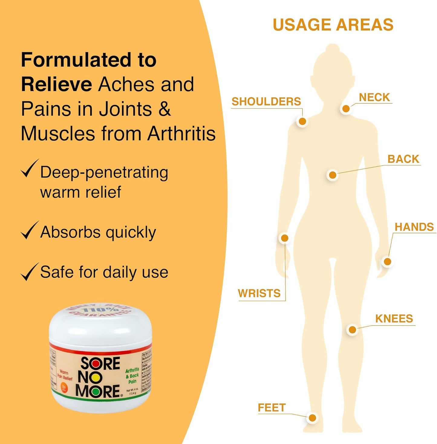 Sore No More Warm Arthritis Pain Relief Cream – Targeted Reliever for Back, Neck, Hands & Feet – Soothing & Fast-Acting Formula for Aches and Pains – Non-Greasy with Orange Aroma – 4 oz