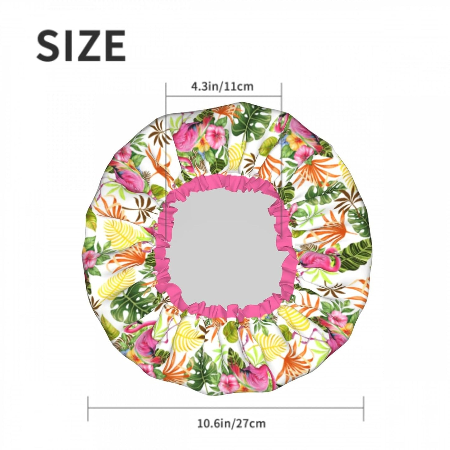 Cute Flamingo Leaves Flowers Double Layer Waterproof Shower Cap for Women Reusable Bath Cap for All Long Hair Lengths Soft Bath Shower Hat