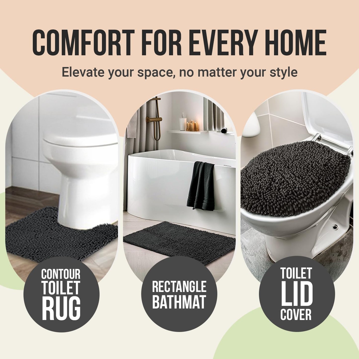 ITSOFT 3pc Non-Slip Shaggy Chenille Bathroom Mat Set, Includes 24 x 21 Inches U-Shaped Contour Toilet Rug, 34 x 21 Inches Bathmat and 1 Toilet Lid Cover, Navy Blue