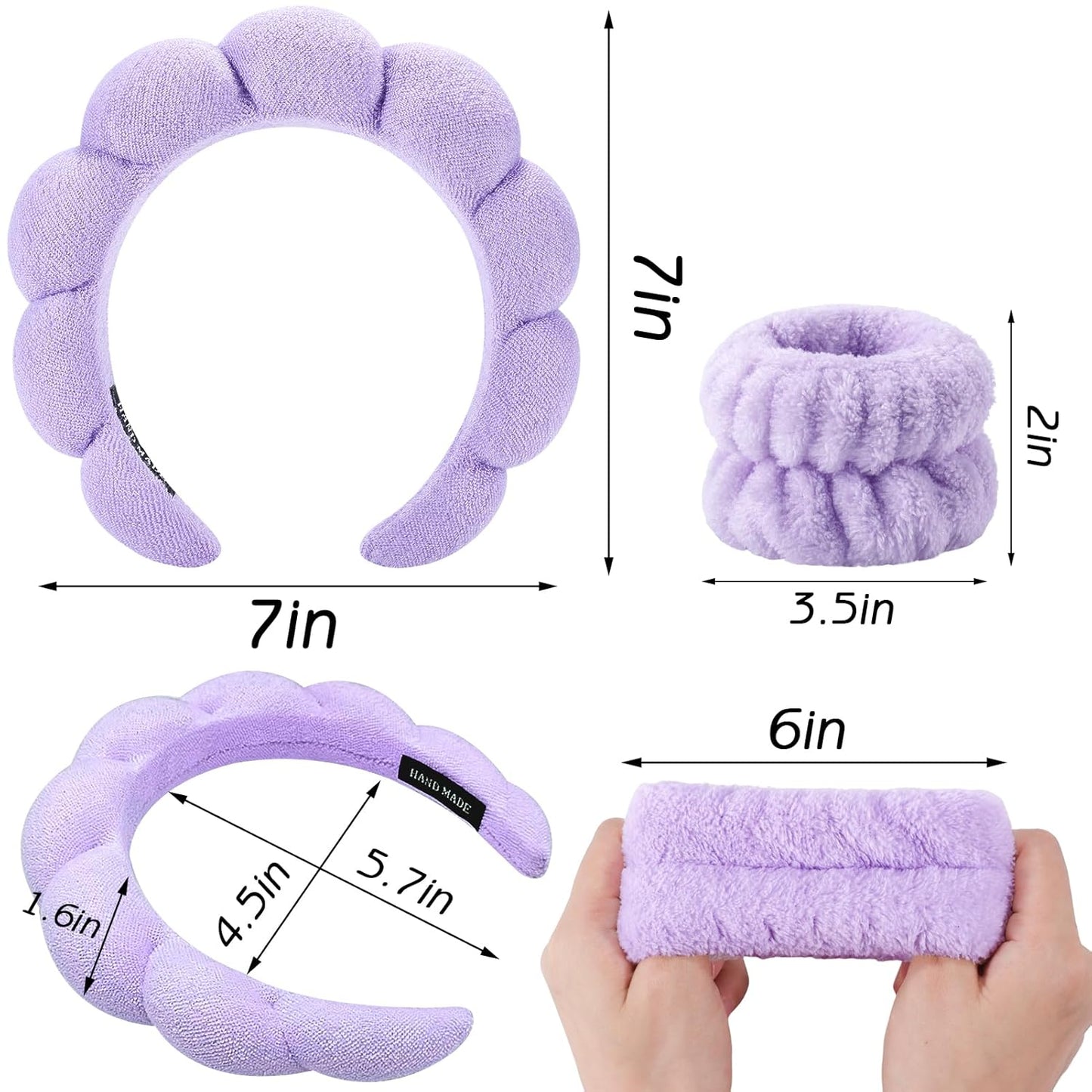 Zkptops 6Pcs Spa Headband for Washing Face Wristbands Set Women Bubble Skincare Makeup Sponge Terry Cloth Padded Puffy Headband Bow Tie Hairband Cute Non Slip Thick Hair Accessory Gifts (Purple)
