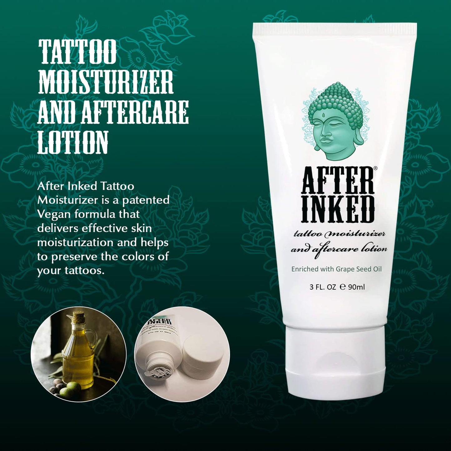 After Inked Tattoo Aftercare Lotion – Moisturizing Balm for Inked Skin, As Seen on INK MASTER – Hydrating Cream with Grape Seed Oil, Skin Nourishment & Daily Maintenance– 3 Fluid oz Tube (12-Pack)