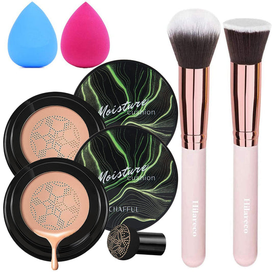 2 PCS Mushroom Head Air Cushion CC Cream Nature Foundation,Foundation Brush Powder Brush,Moisturizing Concealer, Bright Makeup Base Long Lasting with Mushroom Makeup Sponge(#05 Sand)