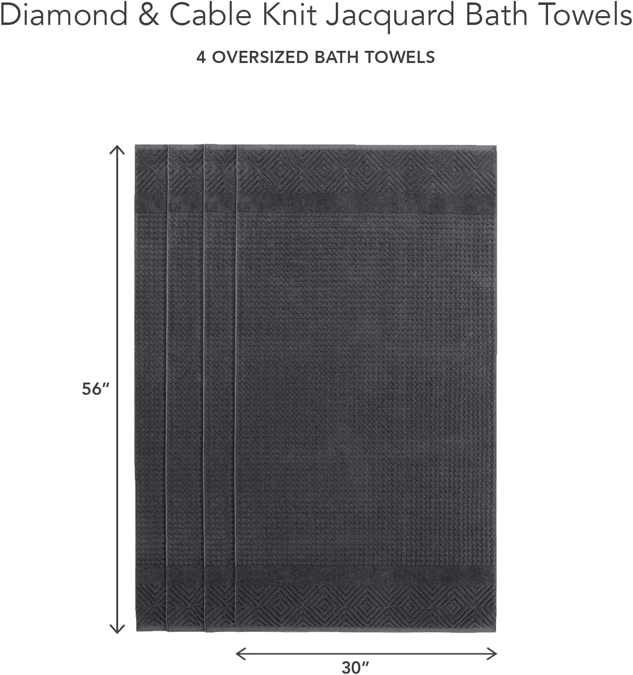 Texere 100% Organic Cotton Diamond Jacquard 700 GSM Luxury Bath Towel Sets - Ultra Soft and Absorbent Hotel and Spa Quality (Diamond, Charcoal, 4 Bath Towels)
