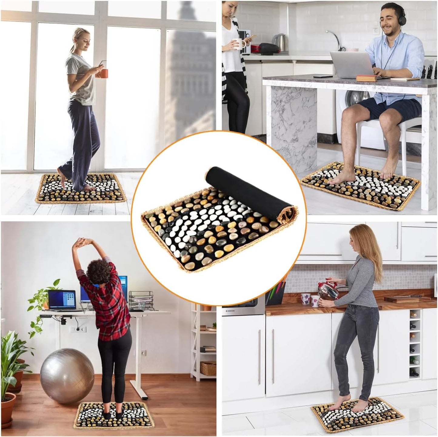 Pebbles Massage Mat, Reflexology Foot Massager, Cobblestones Foot Acupressure Pad for Tired Feet Relaxation (23.6"×15.7")