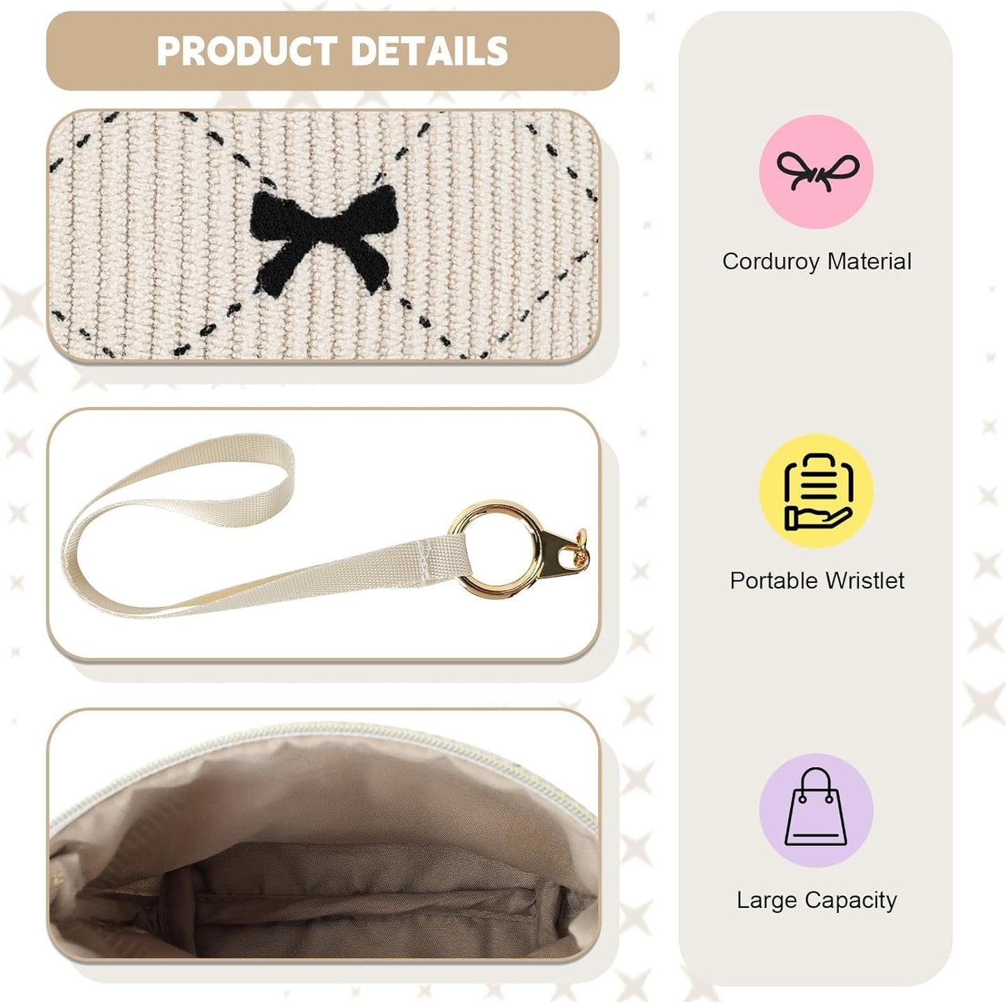 Bow Period Bag for Teen Girls, Corduroy Cute Sanitary Napkin Storage Bag with Wristlet, Menstrual Pad Pouch Tampon Holder for Backpack (Beige)