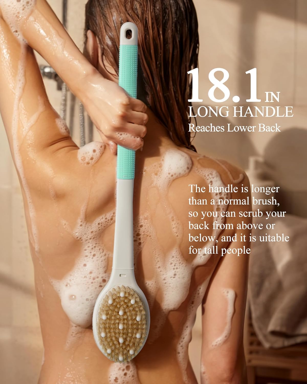 Shower Brush for Massage Dry Brushing: Back Scrubber for Shower with 18.1 in Anti Slip Long Handle - Bath Body Brush for Lymphatic Drainage Exfoliator Improving Skin Health for Women Men Elderly Green