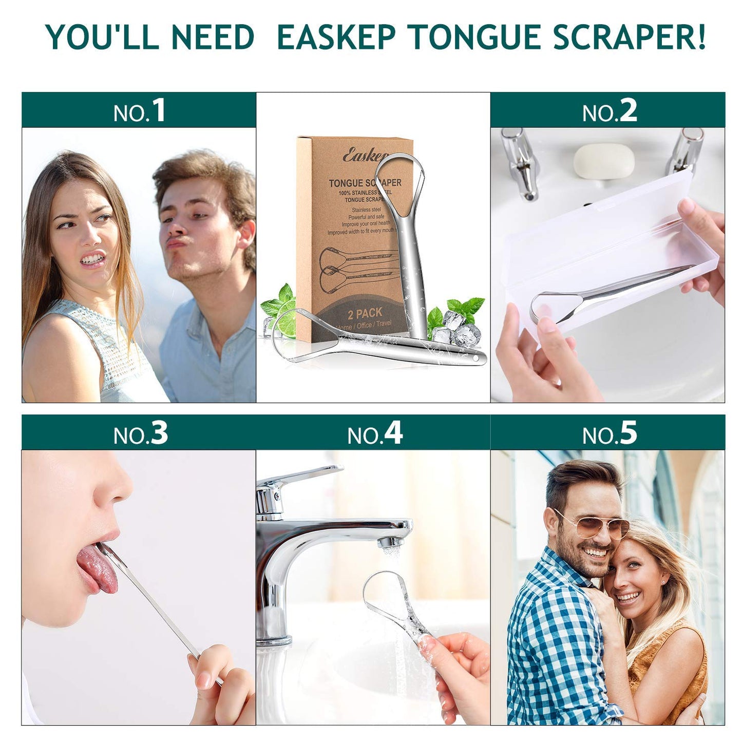 Tongue Scraper (2 Pack), Wide-head Tongue Cleaner with Nice Carrying Box, Easkep 100% Stainless Steel Tongue Scrapers Cleaners, for Men, Women, Adults, KidsďźSilver