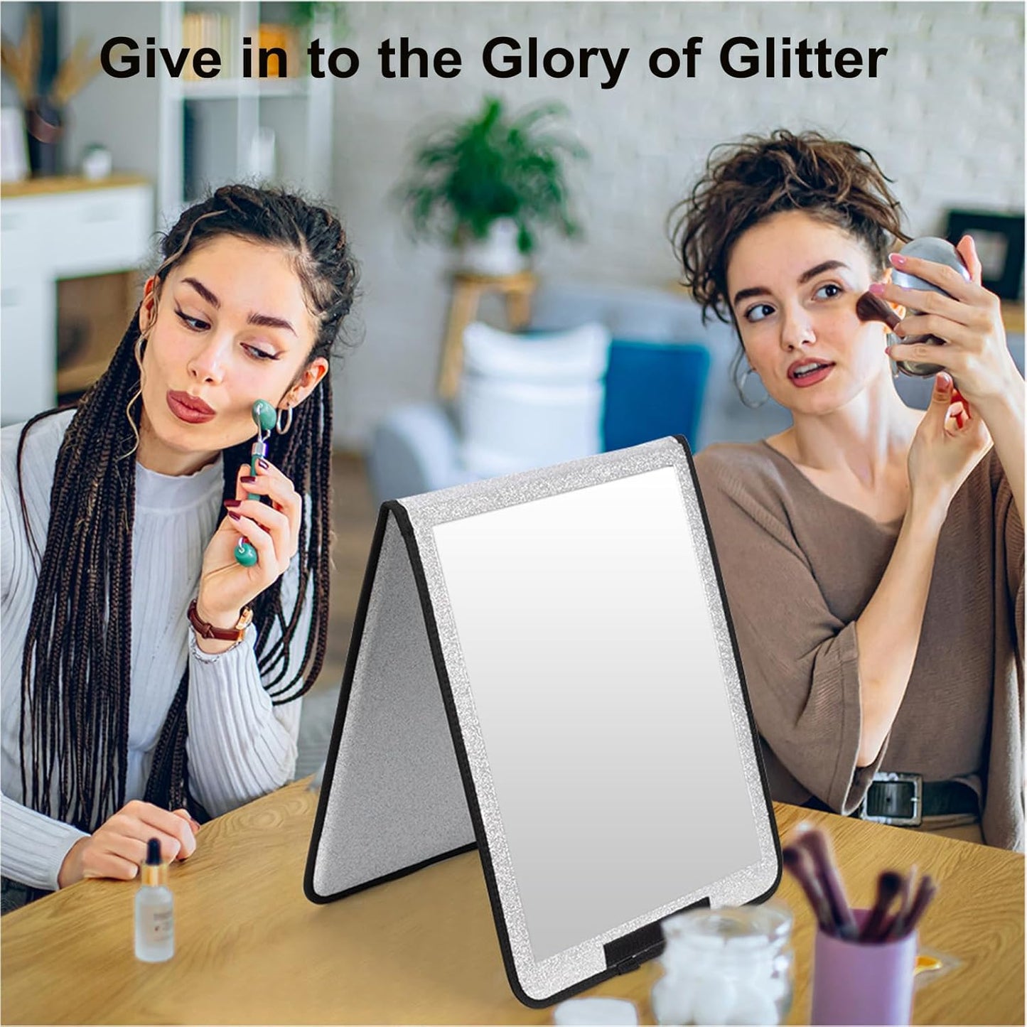 LPHUMEX Foldable Full Length Mirror Glitter Silver, 13x33 Portable Body Mirror for Travel, Dance, Festival Girls' Gift Choice