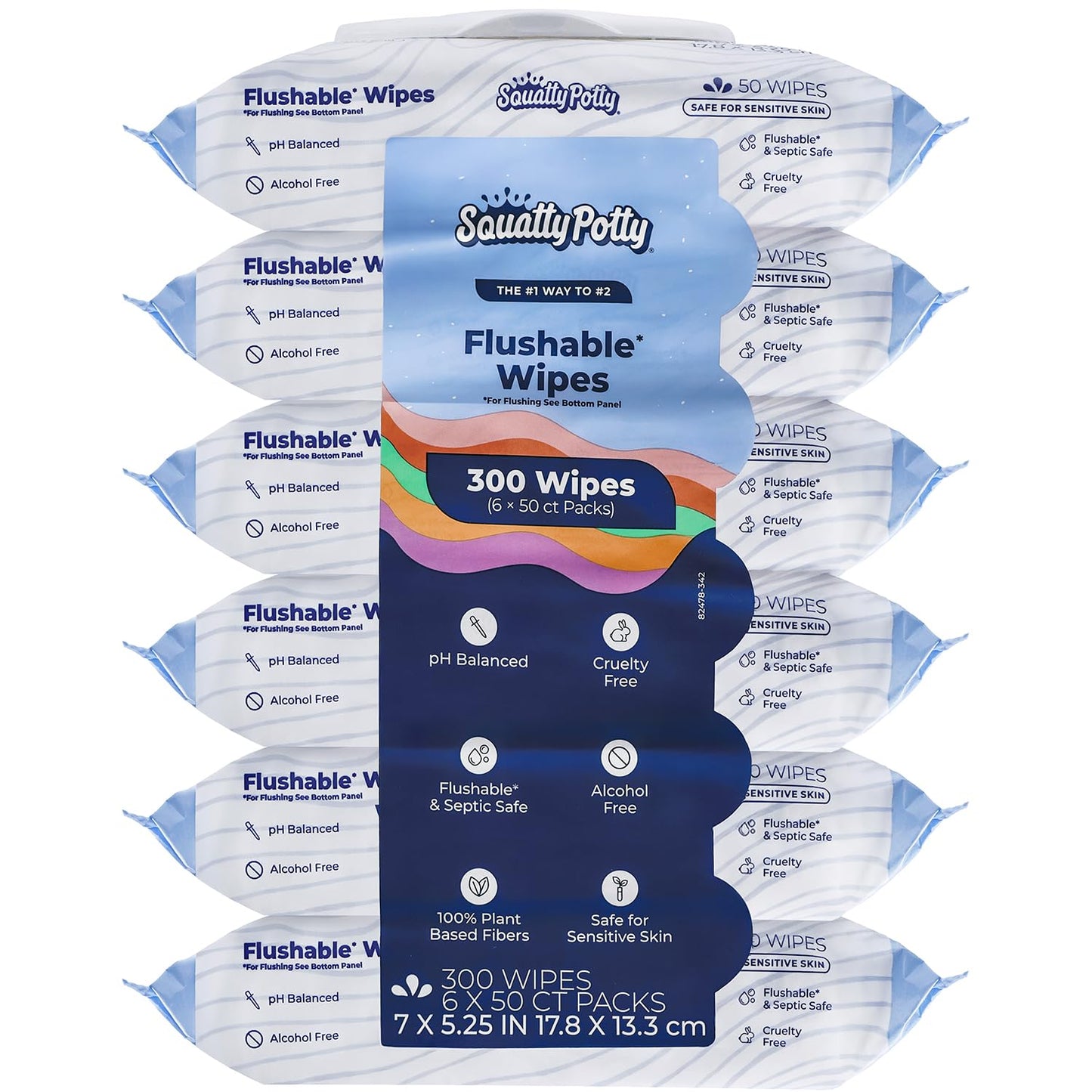 Squatty Potty Flushable Wipes - 6 Pack (300 Total Wipes) - 99% Water & Plant-Based - Green Tea, Cucumber & Aloe Spa Scent - pH Balanced - Septic Safe Adult Wet Wipes