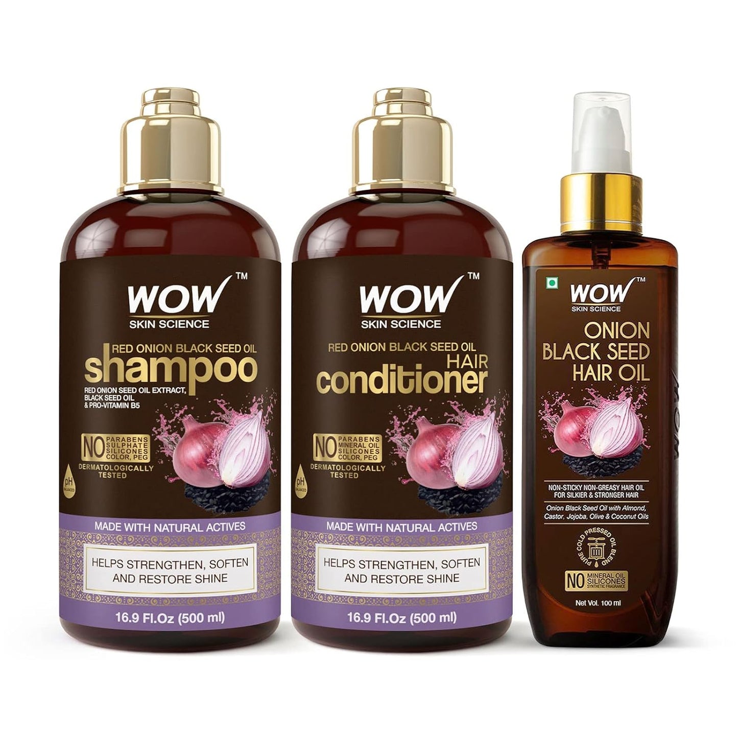 WOW Skin Science Onion Black Seed Oil Shampoo & Conditioner Treatment Set with Oil for Strong, Soft & Shine Hair for All, Dry, Damaged Hair Types, Sulfate, Paraben, Silicone Free