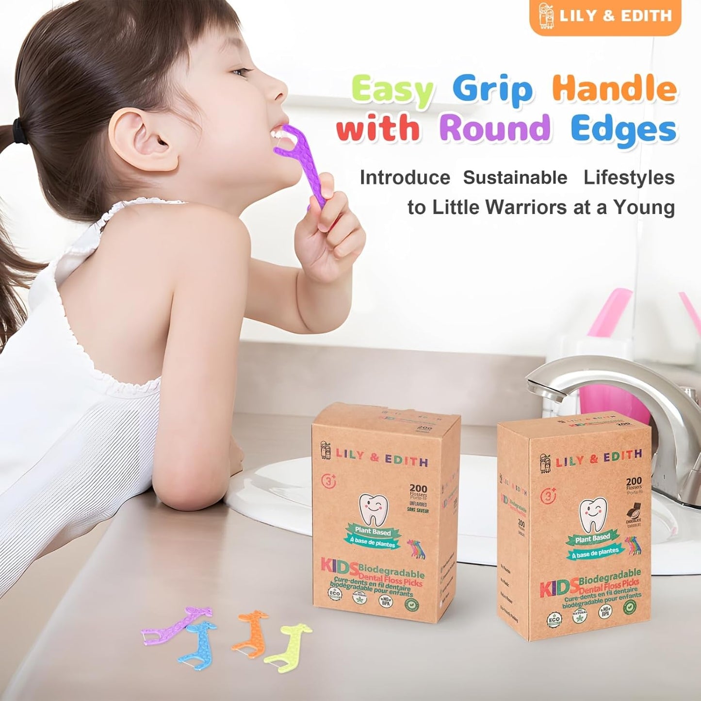 LILY & EDITH Kids Biodegradable Dental Floss Picks 200 Counts, Fluoride Free, Plant Based Material, Fun Animal Flossing Sticks, Ultra Sturdy Thread, Zero Waste Package (Unflavored)