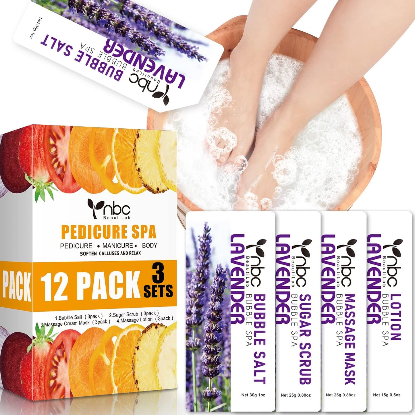 Pedicure Kit Foot Soak Set: Bubble Salt, Sugar Scrub, Massage Mask, Massage Lotion in a Box, 4 Step Foot Spa Kit for Dry Feet, Softens Calluses, Tired Feet(3 Set Lavender)
