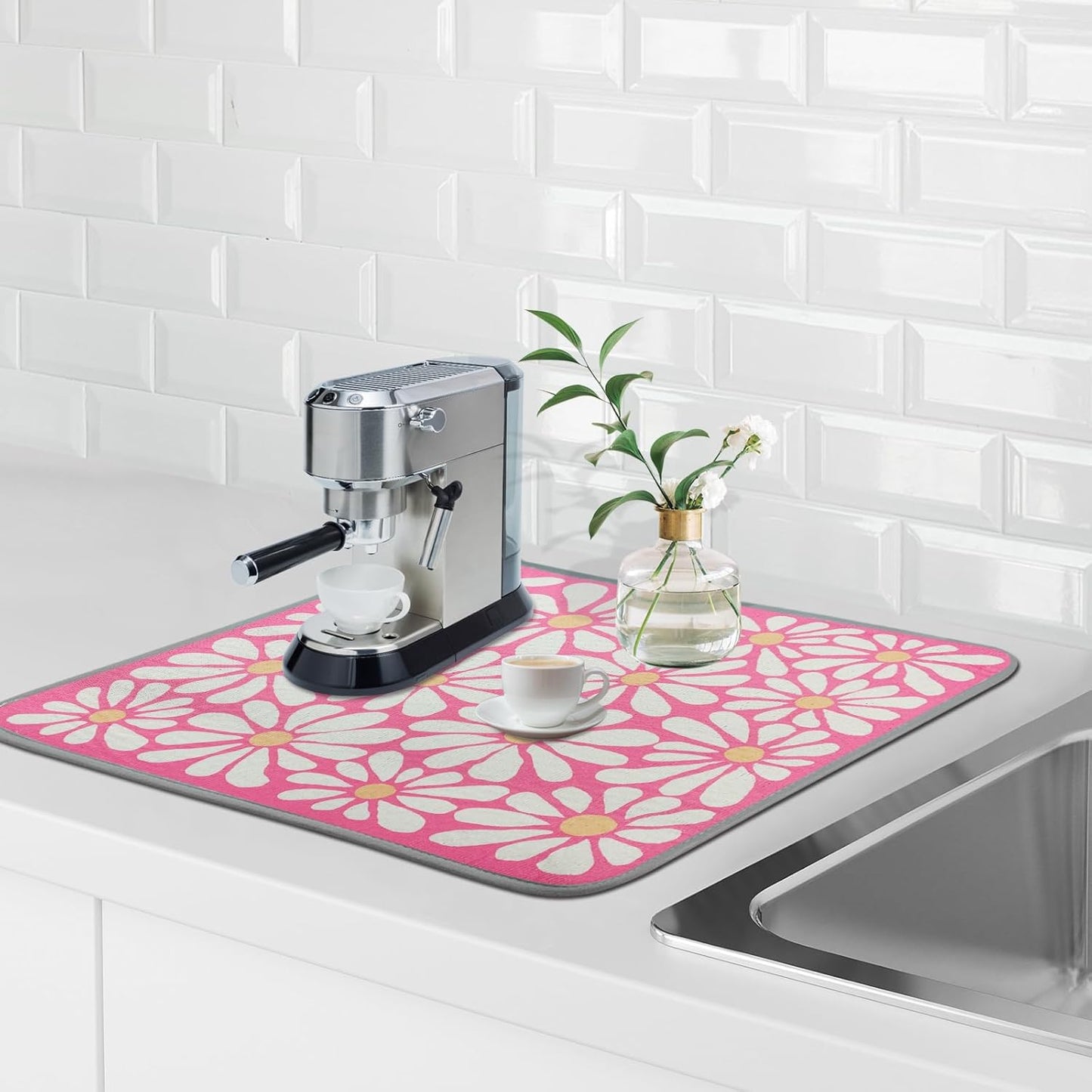 SHIYUE Dish Drying Mat for Kitchen Counter Super Absorbent Spring Kitchen Decor Microfiber Drying Matainers Rack Fast Pad Dish Drainer Mats(Pink Flower,18''x24'')