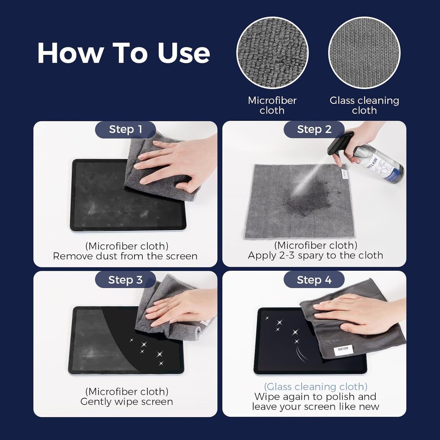 WELKIN Screen Cleaner Spray Kit (550ml + 60ml) - Cleaning Gel for TV, Laptop, Computer, Phone Touchscreen -2 Sprayers,1 Microfiber Cloth & 1 Glass Wipe