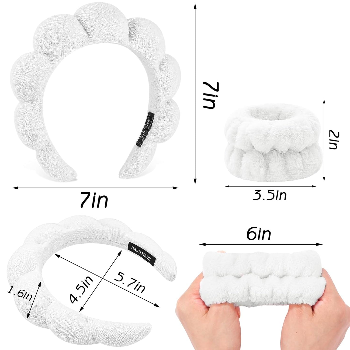 Zkptops 6Pcs Spa Headband for Washing Face Wristbands Set Women Bubble Skincare Makeup Sponge Terry Cloth Padded Puffy Headband Bow Tie Hairband Cute Non Slip Thick Hair Accessory Gifts (White)