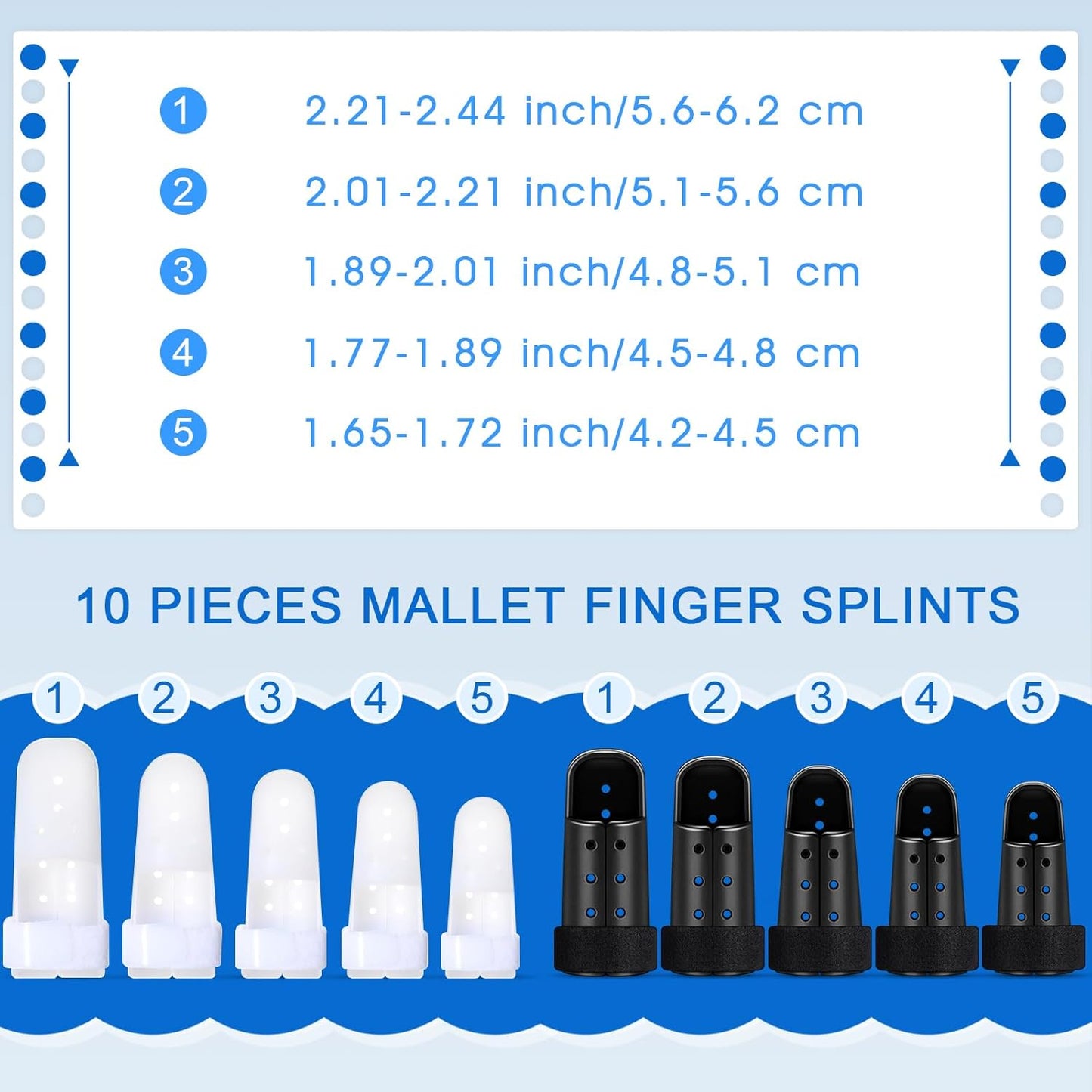 BBTO 10 Pcs Mallet Finger Splint, 5 Sizes Finger Support Brace Stabilizer Straightener Plastic Fingertip Protectors Arthritis Knuckle Immobilization for Thumb Pinky Middle Index Ring(White, Black)