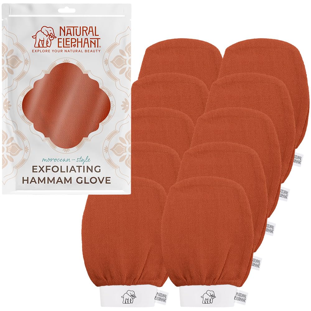 Natural Elephant Exfoliating Hammam Glove - Face and Body Exfoliator Mitt 5 and 10 Packs (Burnt Orange (Pack of 10))