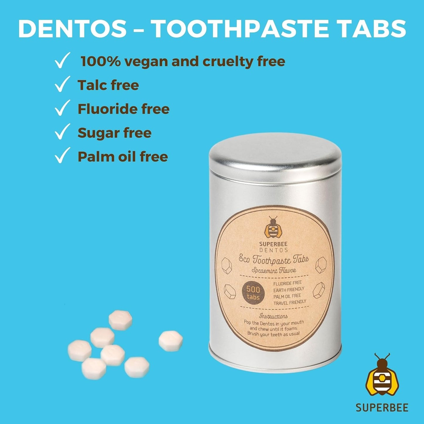 SuperBee Dentos Toothpaste Tablets, 500 Tabs, Fluoride Free & Eco Friendly, Travel Mouthwash Tablets, Sensitive Bites for Kids and Adults, Chewable Tablet, Spearmint