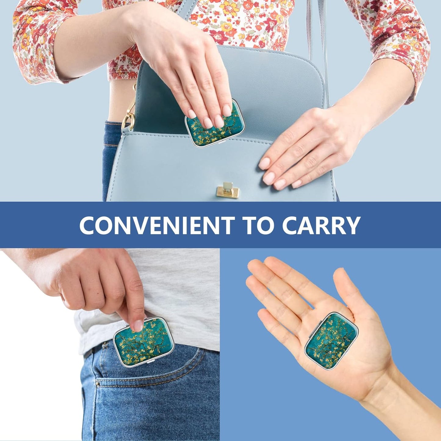 Pill Box 2 Compartment Small Pill Case,Portable for Pocket or Purse Pill Organizer Pill Container Holder to Hold Vitamins, Medication, Fish Oil and Supplements(Turquoise Green Marble)