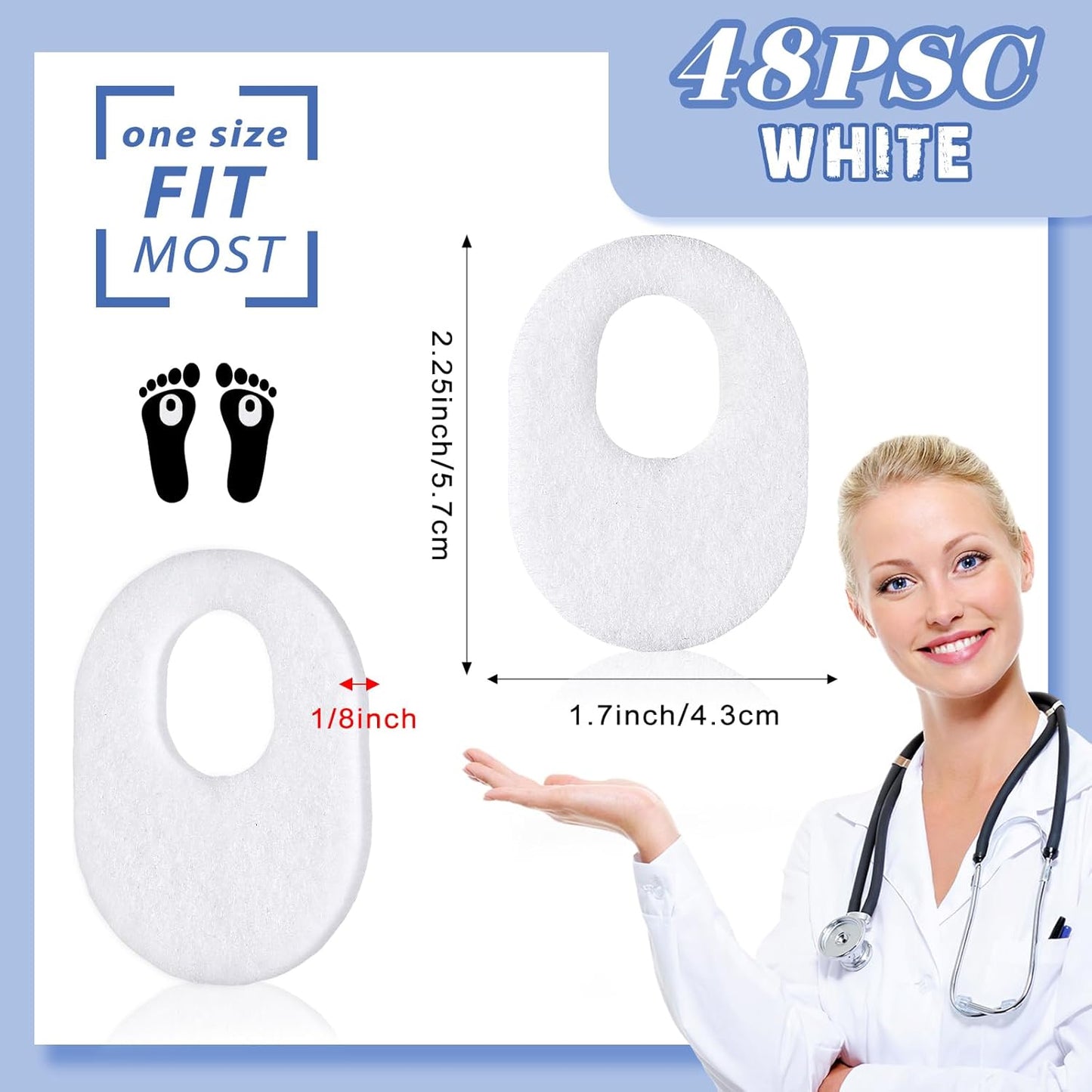 WILLBOND 48 Pack Callus Pads Soft 1/4" Thick Oval Shape Corn Pads 1/8" Felt Callus Cushions Adhesive Corn Protectors for Men Women Feet Toes Pain Relief(White, 1/8 Inch)