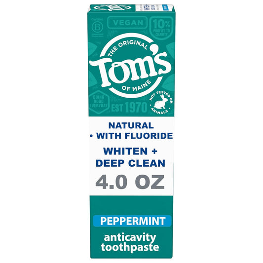 Tom’s of Maine Whiten Plus Deep Clean Whitening Toothpaste, Natural Whitening Toothpaste with Plant-Based Cleansers, Enamel Safe Formula, Whitens Without Causing Sensitivity, Peppermint, 4.0 oz