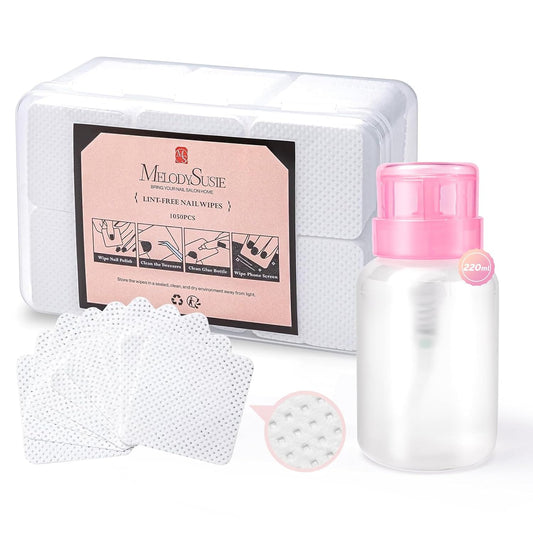 MelodySusie 1050PCS Lint Free Nail Wipes Kit, White Gel Nail Polish Remover Set with 1PCS Acetone Pump Dispenser Bottle 220ml for Professional Soak Off Gel Polish Remover