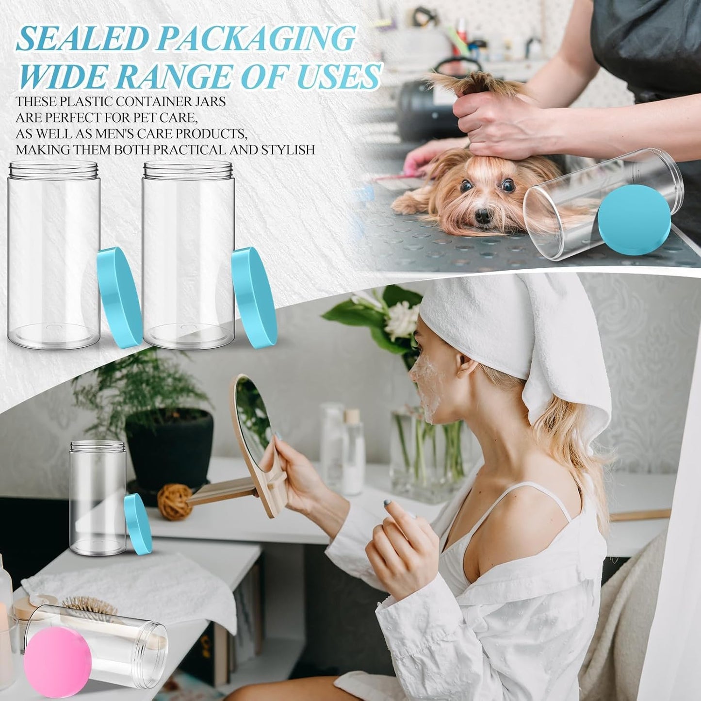 SATINIOR 12 Pack 32 oz Plastic Container Jars with Lids Round Clear Travel Cosmetic Container Slime Jars for Toiletries, Lotion, Cream, Ointments, Makeup, Rhinestone, Samples, Kitchen Storage(Blue)