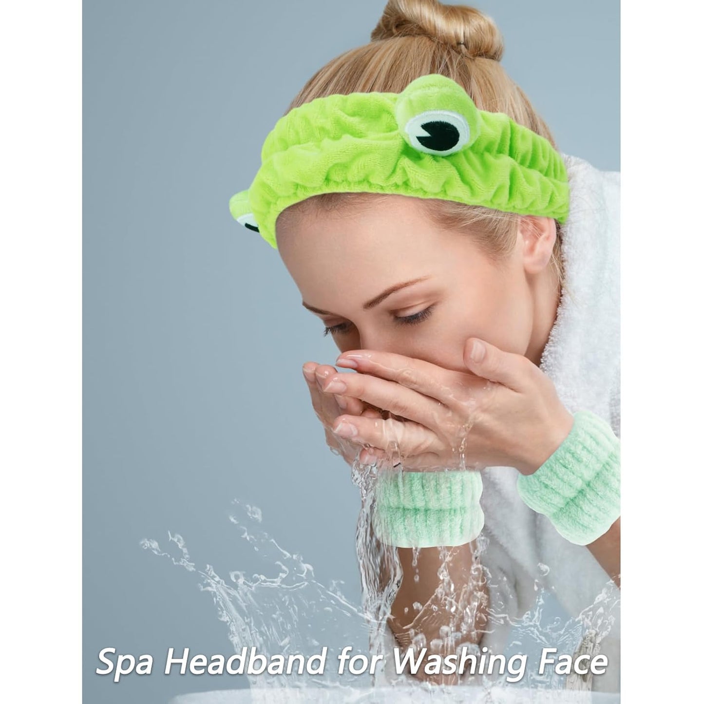 VELSCRUN Spa Headband, Makeup Face Wash Skincare Headbands, 5 Pcs Sponge Get Ready Frog Hairband Facial Wristband Hair Clip Set, Stuff for Teen Girls Women Trendy Fashion Hair Accessories Green