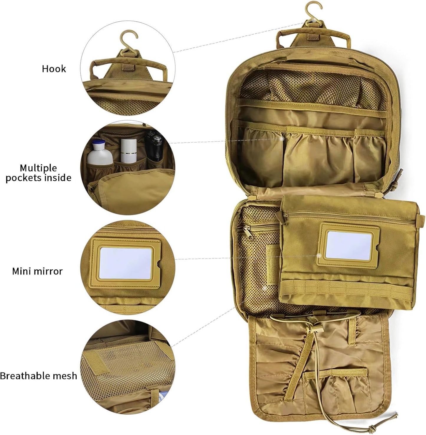 SUNRISING Tactical Toiletry Bag for Men - Hanging Travel Dopp Kit, Shaving Hygiene Organizer, Durable Bathroom Essentials for Short Trips & Camping Khaki(No molle)