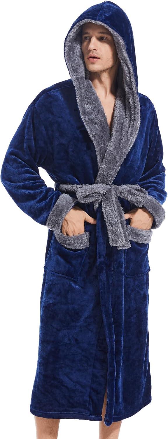 Inner Wish Mens Hooded Robe, Plush Long Bath robes Cozy Warm Bathrobe Fuzzy male Spa Robe With Pockets