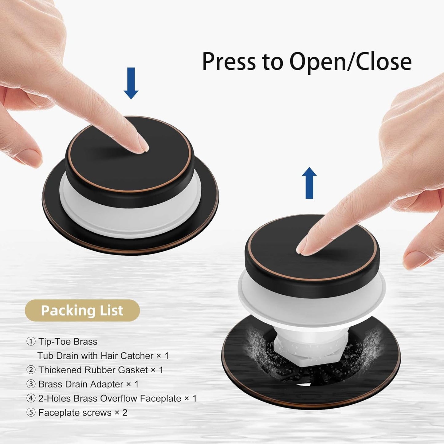 Oil Rubbed Bronze Tub Drain Kit with Hair Catcher, Premium Brass Tip-Toe Bathroom Tub Drain Replacement and 2-Hole Overflow Faceplate, 11.5/16 UNC Bathtub Drain Stopper Assembly