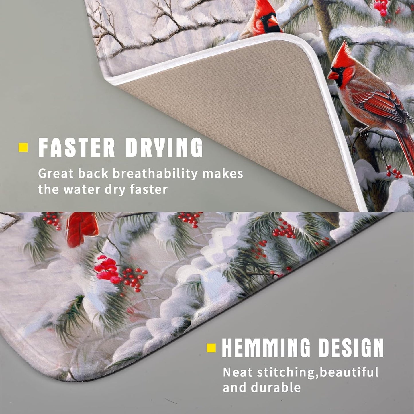 Red Birds Dish Drying Mat Winter Berry Dish Drainer Mats Absorbent Reversible Microfiber Kitchen Countertop Protector Dishes Pad 16x18 inch