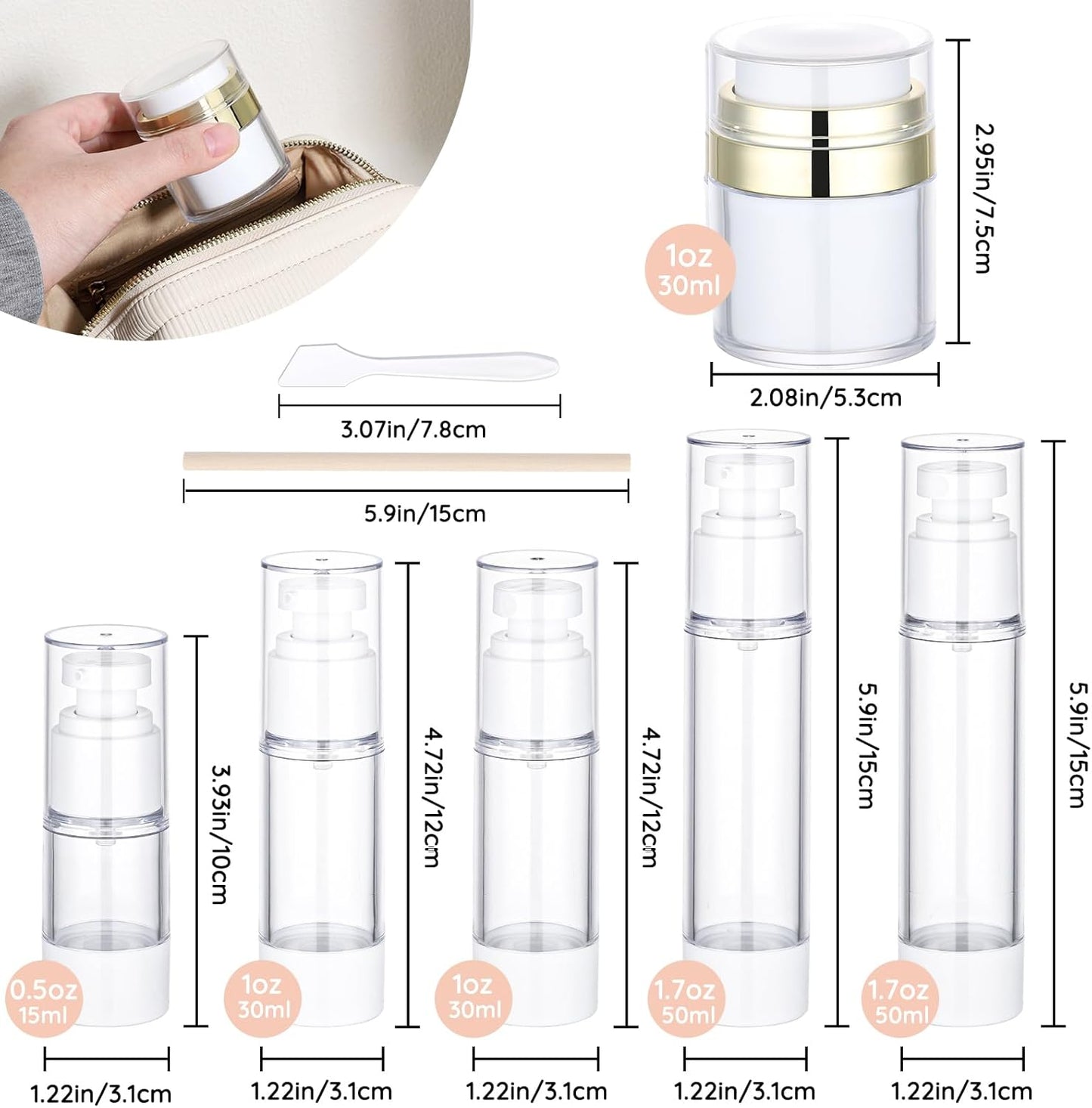Segbeauty 7pcs Airless Pump Bottles Set, Refillable Travel Airless Pump Jars with Lid for Thick Moisturizer, Oils Vacuum Lotion Dispenser, Empty Fine Mist Vacuum Spray Bottles for Hair 0.5oz 1oz 1.7oz