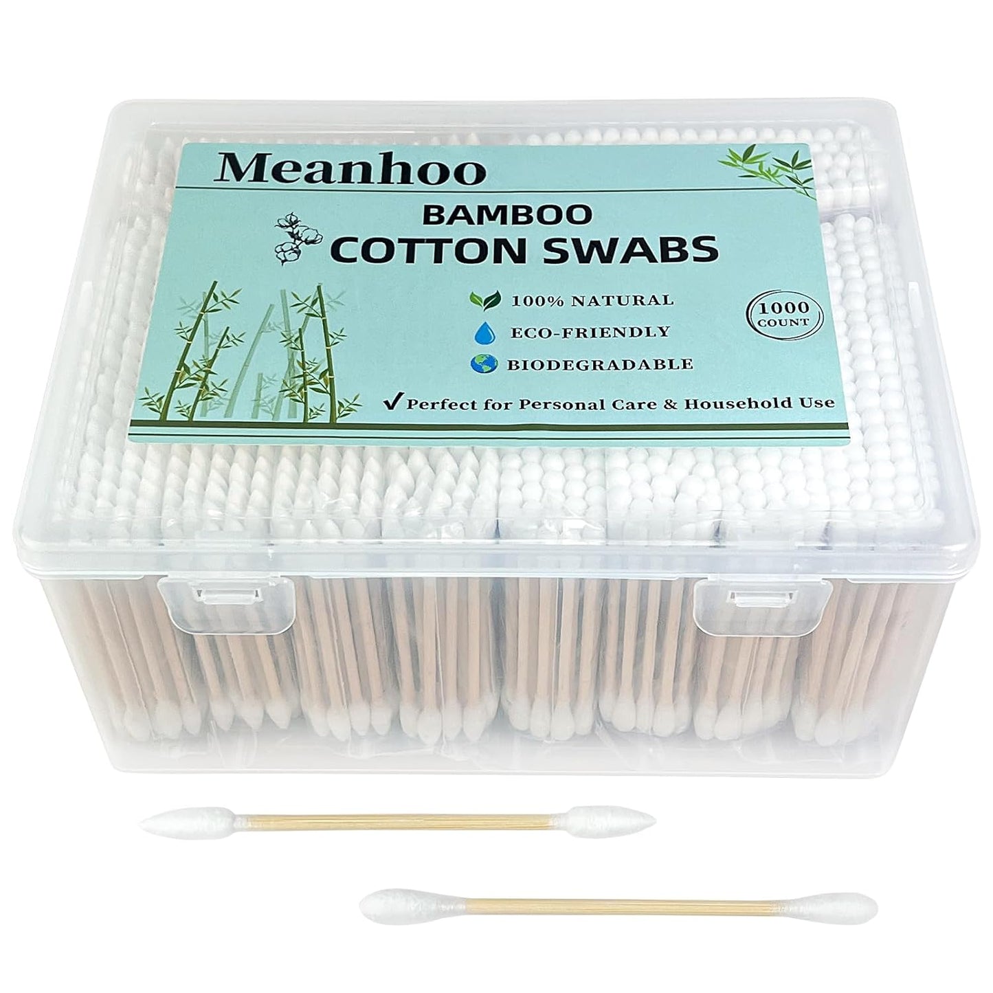 Bamboo Cotton Swabs 1000 Counts in Storage Box, Organic Cotton Buds with Durable Bamboo Sticks, Biodegradable Swabs for Makeup, Ear Care, Cleaning, Pet Grooming, Crafts(Pointed+Round Tips)